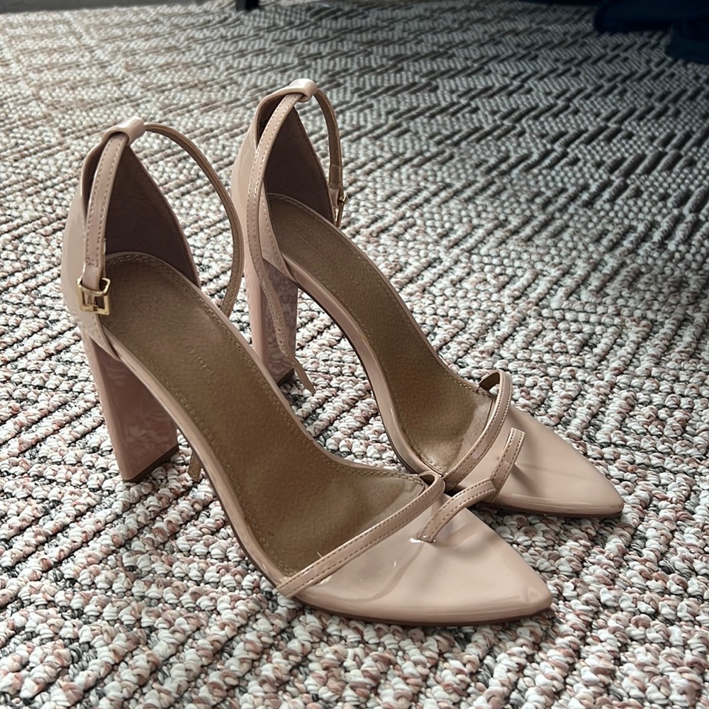 Beige Point Toe Open Toe Heels